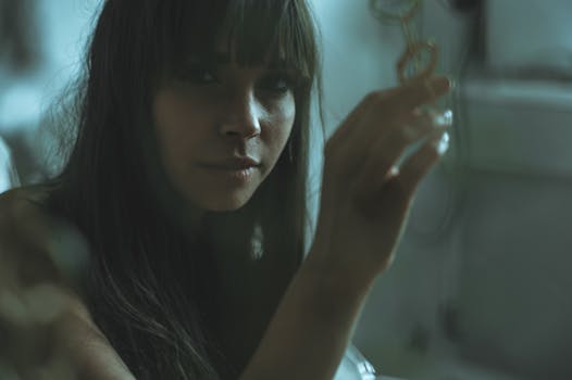 这是一幅喜怒无常的肖像，画中一位黑发女子在室内沉思，手里拿着一件物品