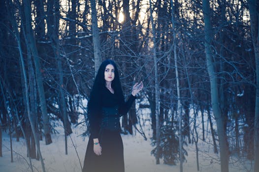 白雪皑皑的冬日森林中，一名黑衣女子静静伫立，神秘而优雅