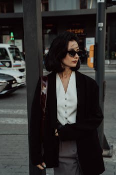 Stylish woman in sunglasses and black blazer poses on a vibrant city street in Baku, Azerbaijan.