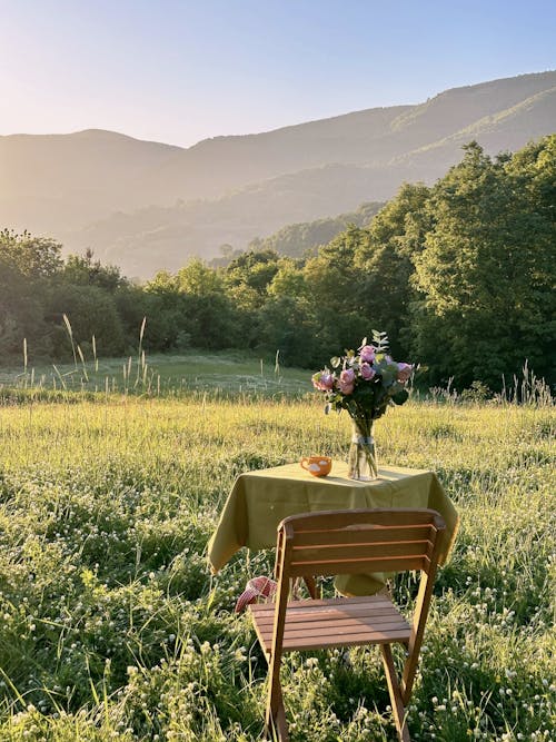 A table and chair in a field with flowers