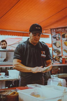 Chef making sushi at a bustling São Paulo market stall, showcasing culinary skill and urban food culture.