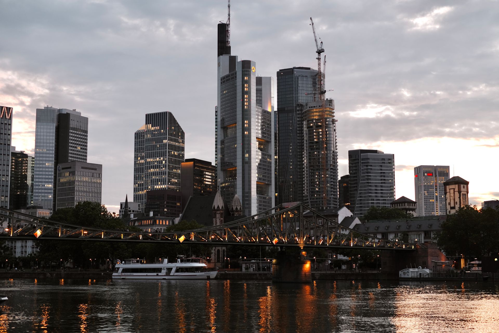 Frankfurt financial district skyline at dusk