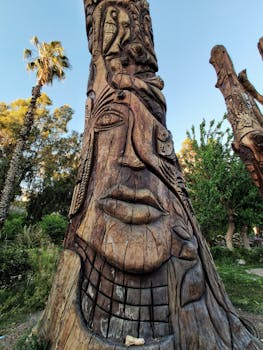 大马士革一个公园里的木刻在明亮的天空下描绘了文化符号