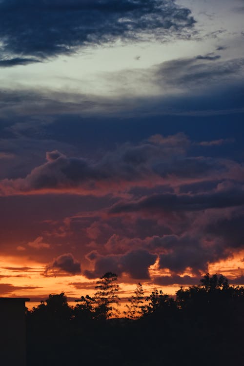 A sunset with clouds and trees in the background