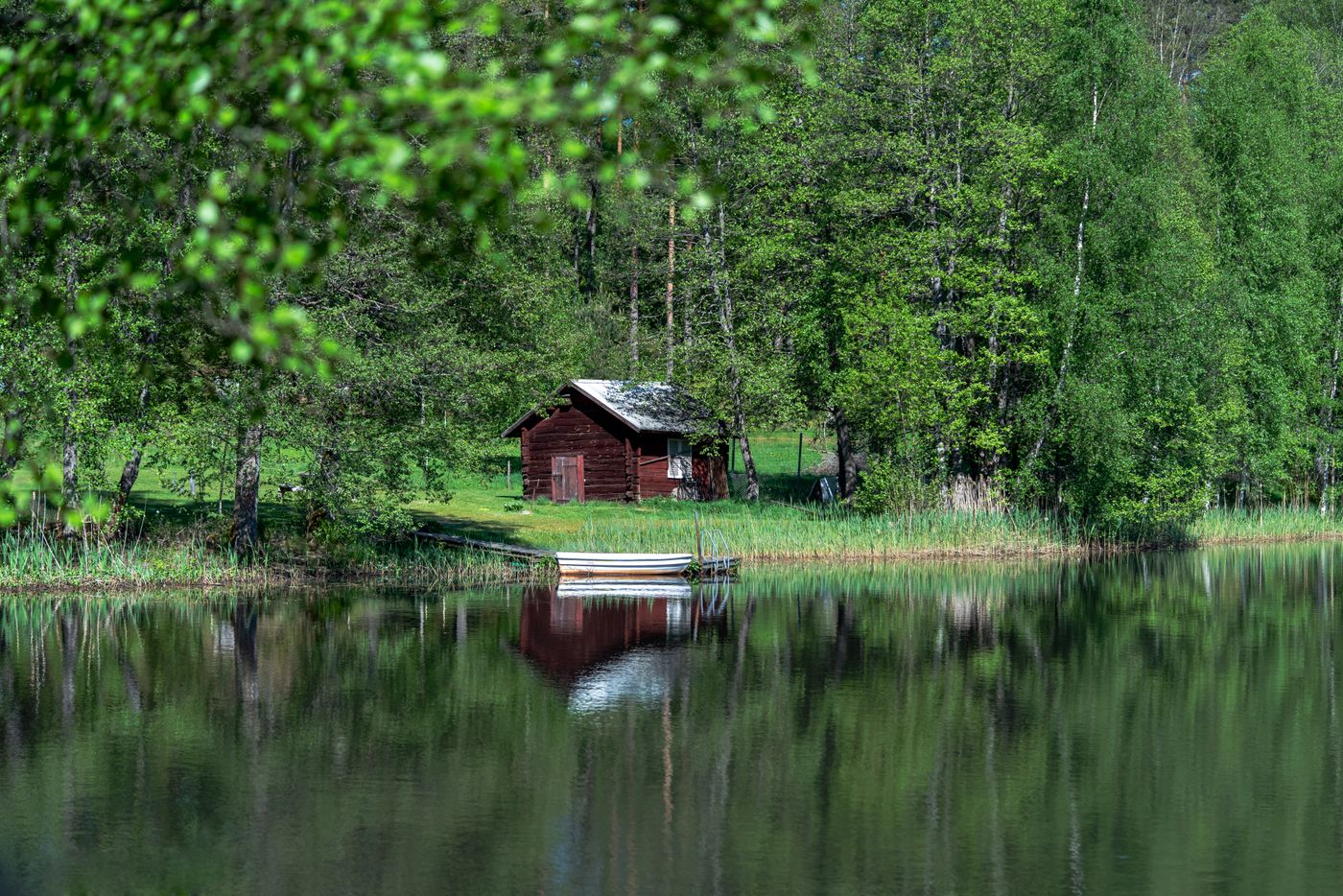 Illustrative stock photograph: Lakeside woodland cabin and green foliage