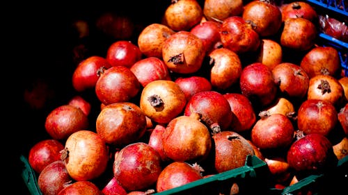 A pile of pomegranates in a green crate