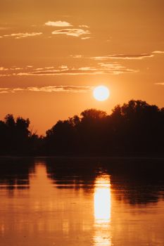 A peaceful sunset over a lake with silhouettes of trees, creating a warm and tranquil atmosphere.