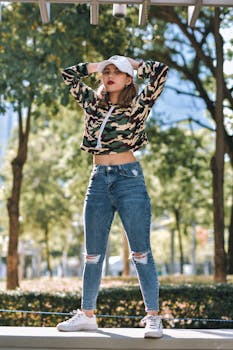 一名身穿迷彩上衣和牛仔裤的女子在户外树林中自信地摆着姿势