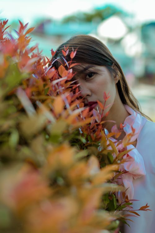 Mulher Atrás De Plantas De Folhas Verdes E Vermelhas