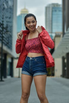 一位身穿红色夹克的自信女性在城市环境中微笑摆姿