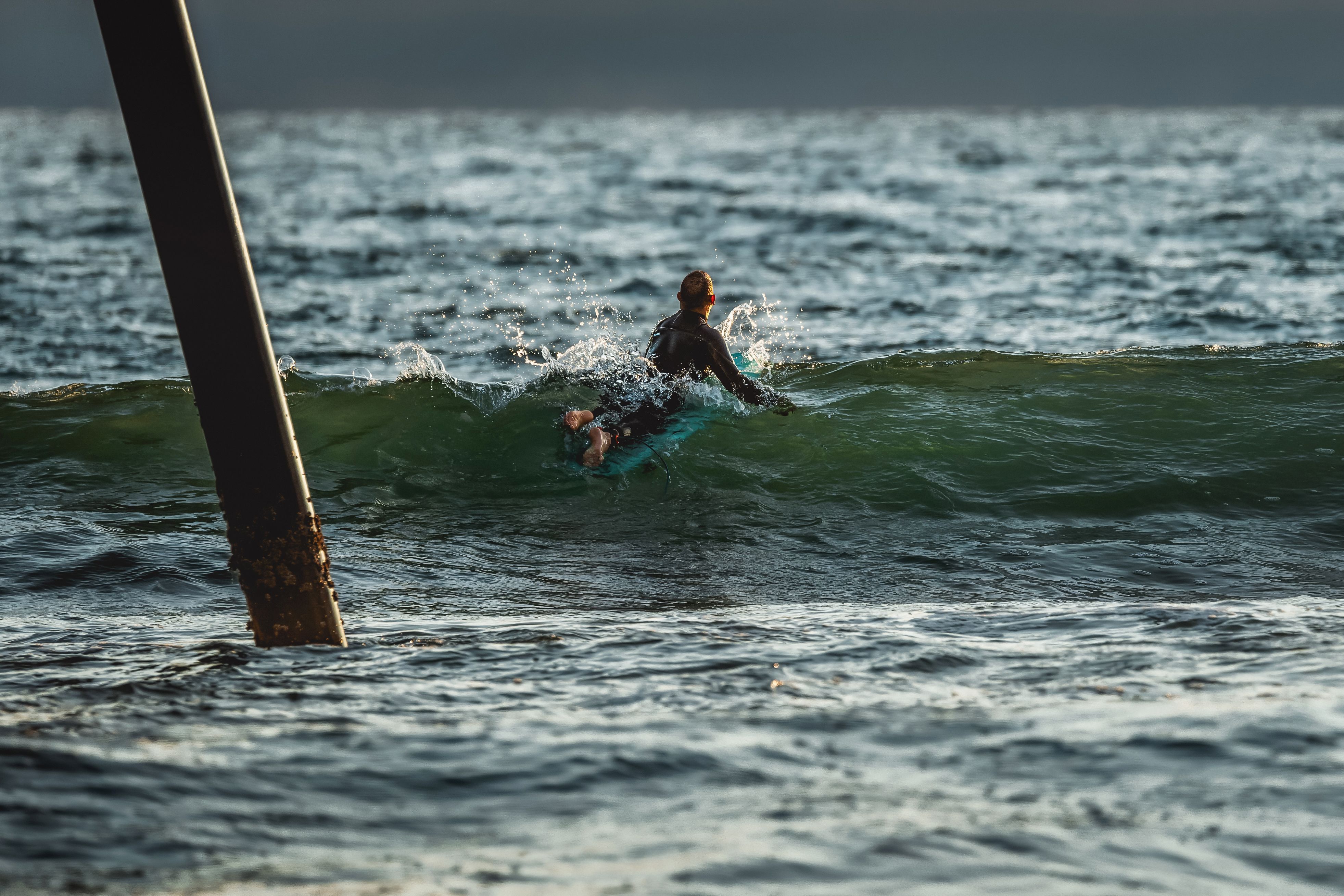 A surfer paddles on a surfboard at Pismo Beach, capturing the thrill of water sports.