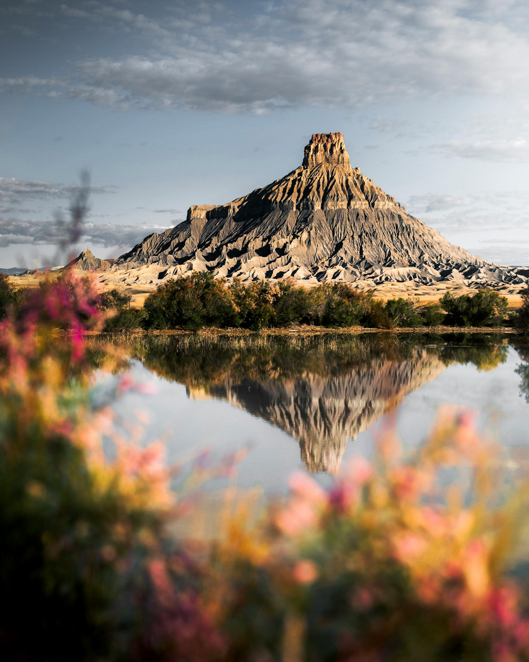 平静的湖面倒映着雄伟的山峰，四周环绕着色彩缤纷的植物