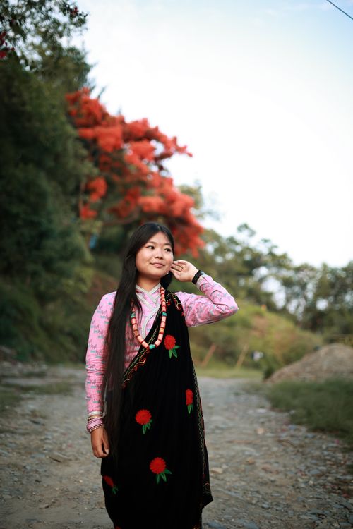 Free Portrait of a Nepali woman in traditional clothing on rural Pokhara road. Stock Photo