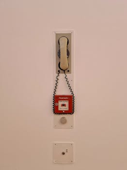 Retro wall-mounted telephone with spiral cord in Cologne, Germany, exhibiting a vintage feel.