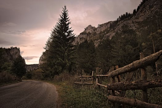 黄昏时分，保加利亚斯莫尔扬宁静的山路被森林和悬崖环绕