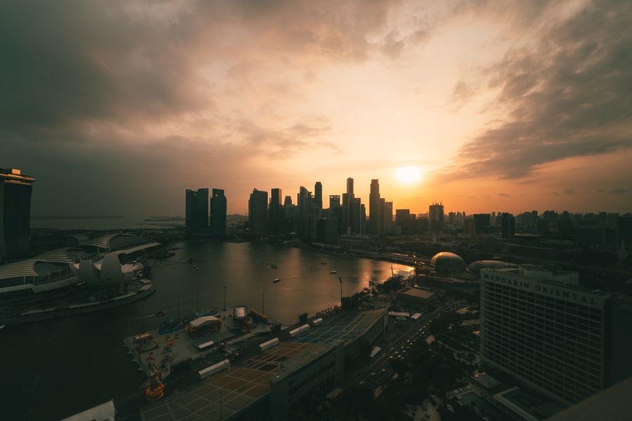 Singapore cityscape at golden hour, CBD and Marina Bay skyline
