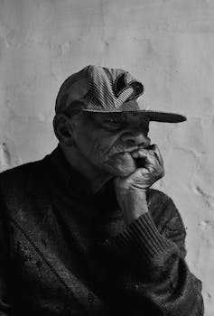 一位陷入沉思、戴着帽子的老人的单色肖像