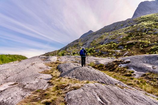 A lone hiker with a blue backpack trekking across a rocky mountain path surrounded by lush spring scenery.
