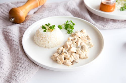 A plate of chicken and rice with sauce