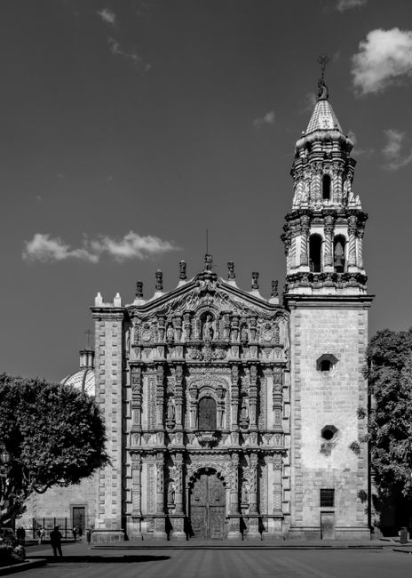 Intricate facade of a historic cathedral in San Luis Potosi, Mexico.
