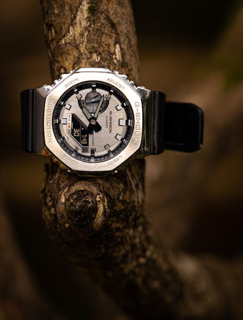 A watch sitting on a tree branch with a black and white face
