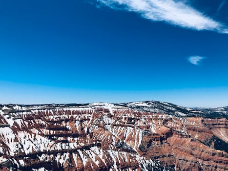 布莱斯峡谷白雪皑皑的景色，在晴朗的蓝天下令人惊叹，尽显大自然的艺术性