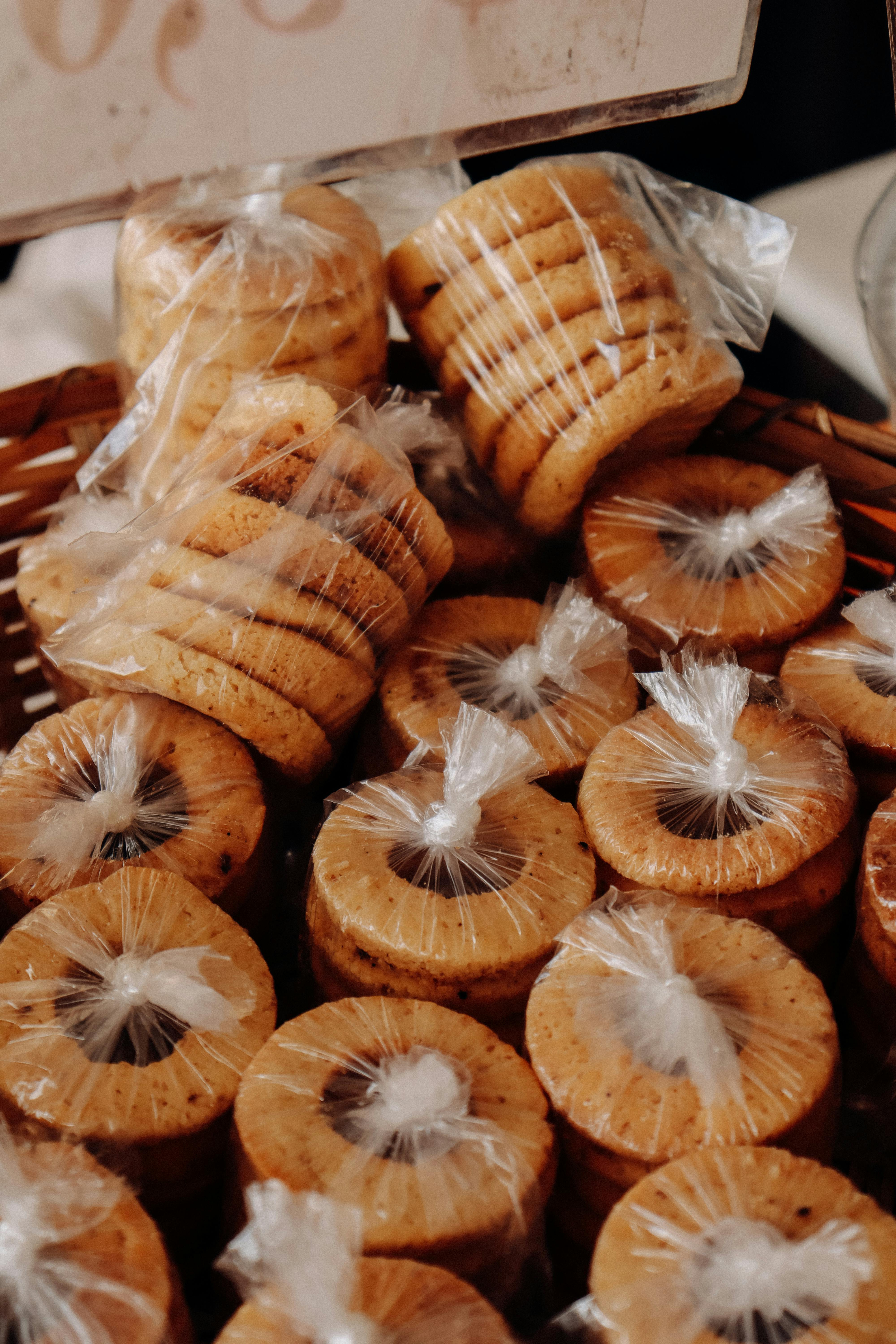 Delicious traditional cookies packaged for sale at a market in Belém, Brazil.