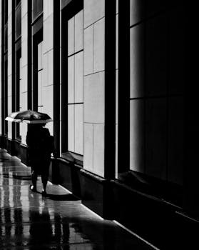 Monochrome photo of a woman with umbrella walking in rainy Chicago street reflecting urban architecture.