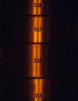 Warm-toned vertical close-up of metallic lockers numbered 516-519, evoking mystery and intrigue.