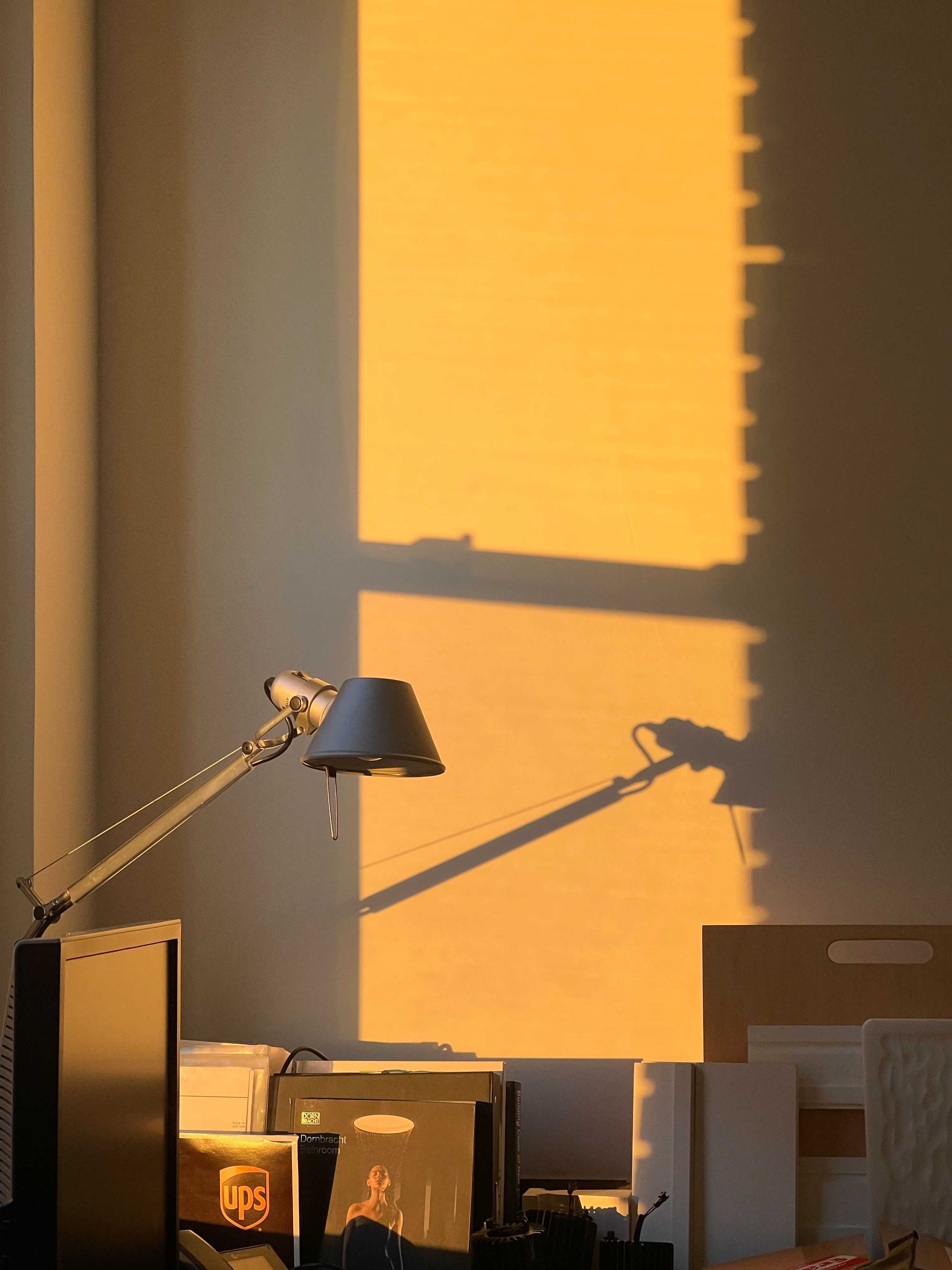 Warm sunset light casts dramatic shadows in a minimalist office setting.