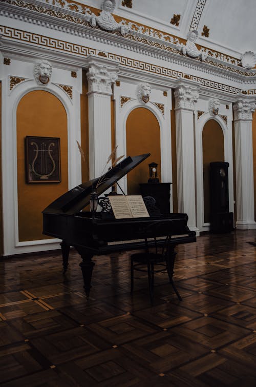 A grand piano in a large room with ornate walls