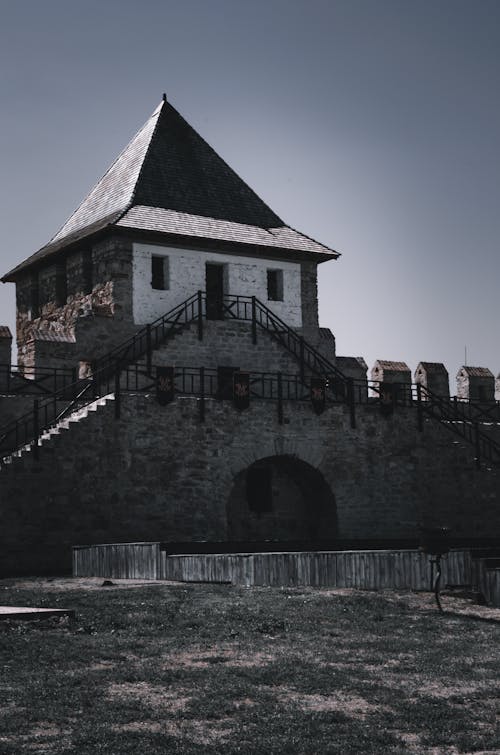 A black and white photo of a castle