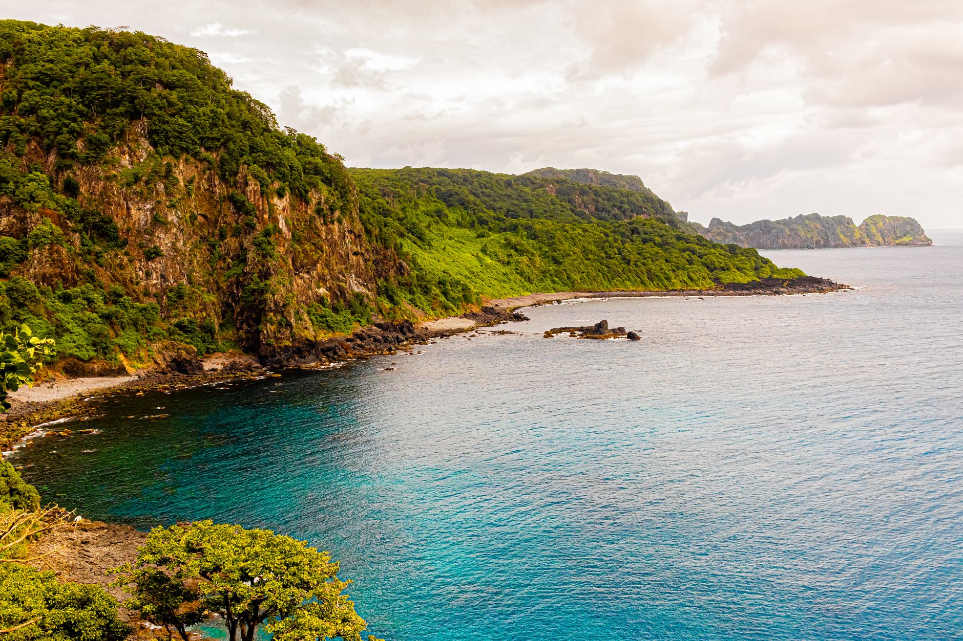 Beautiful coastal landscape with lush greenery and clear blue waters, perfect for nature travel inspiration.