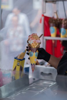 Close-up of a bubble waffle ice cream topped with various sweets, served by a street vendor.