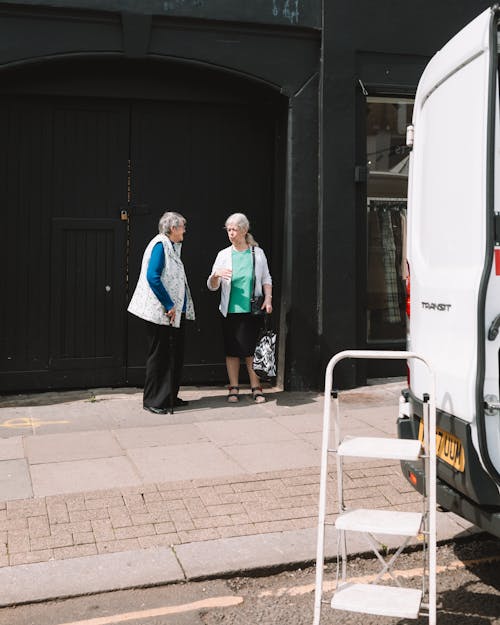 Two women standing outside a van with a ladder