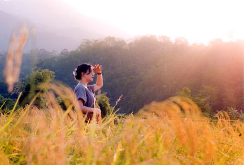 Free An Asian woman enjoys a sunny day in a lush, rural meadow, basking in sunlight. Stock Photo