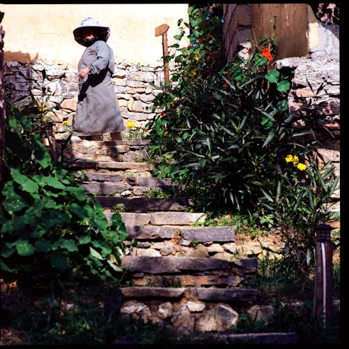 A woman in a hat walking up some steps