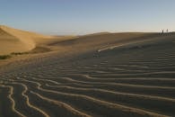 晴朗的蓝天下，广阔的沙丘上，远处有两个人