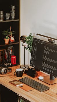 Modern home office setup featuring a computer, keyboard, headphones, and decorative elements on a wooden desk.