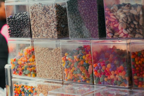A display of colorful candies and nuts
