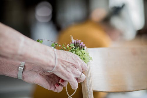 Selective Focus Photography of person Holding Petaled Flowers Beside Chair