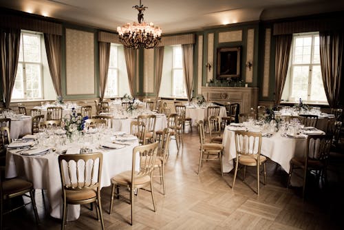 Free White Covered Set Tables Inside Hall Stock Photo