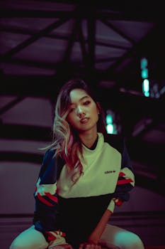 一位亚洲女性身着休闲运动装，在光线昏暗的建筑内摆姿势