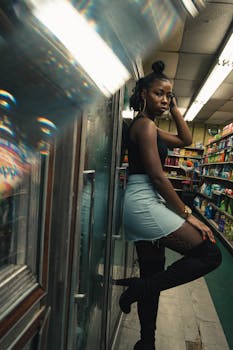 便利店内，一位时尚女士自信地摆出姿势，展现着城市街头风格