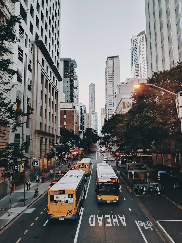 People Walking Near Busy Street Beside Different Vehicles On Road Surrounded With High-rise Buildings