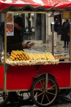 A street food vendor sells grilled corn from a red cart in an urban setting on a rainy day.