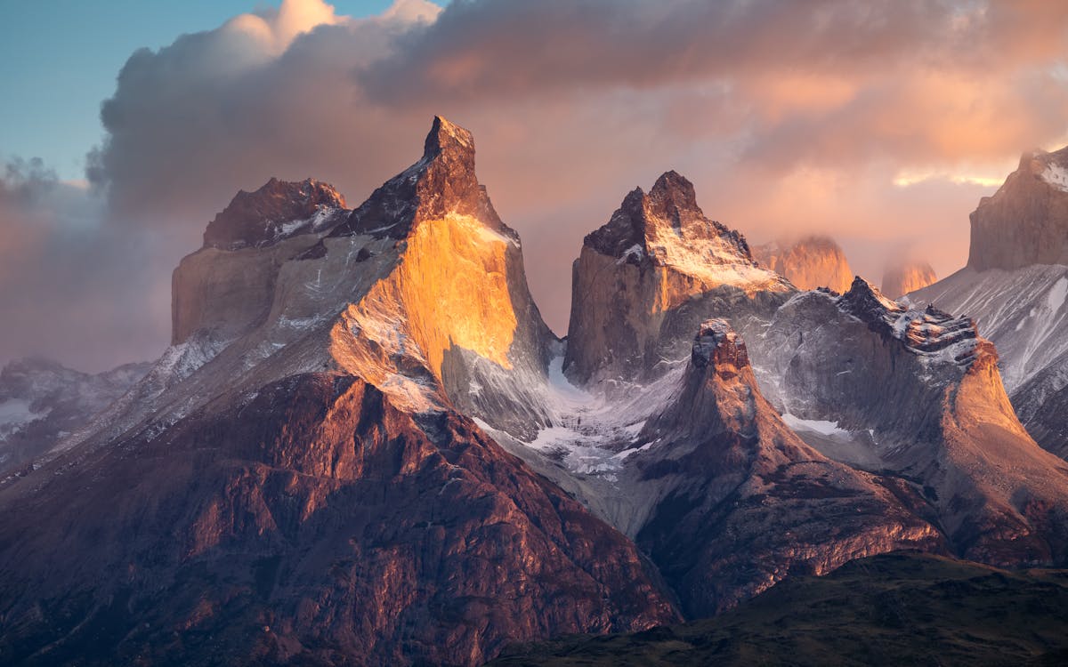 Scenic view of the Torres del Paine granite massif at sunset in Chilean Patagonia