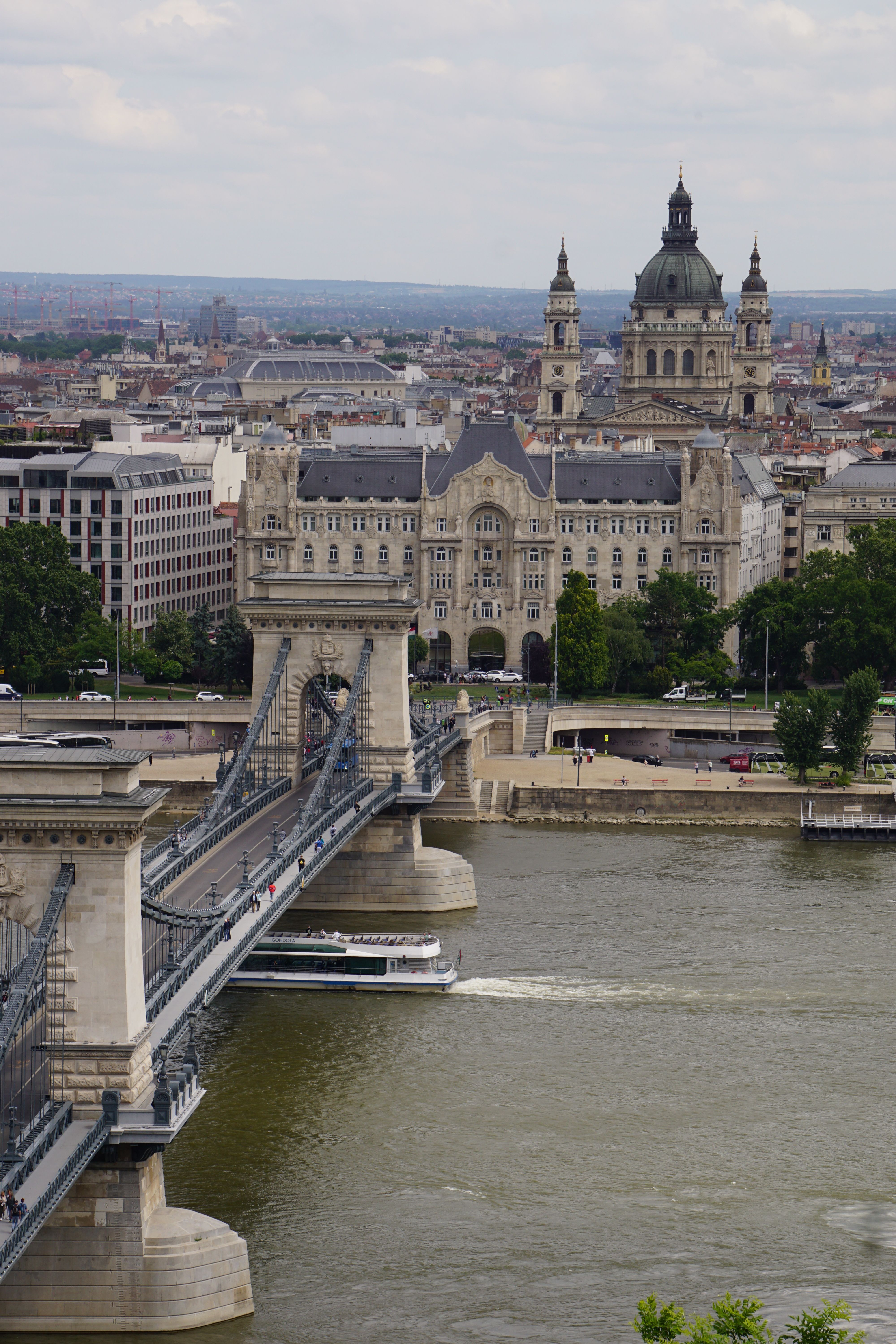 Breathtaking view of Budapest featuring the Szechenyi Chain Bridge and St. Stephen's Basilica.
