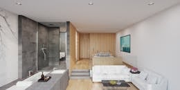 这间精致的现代公寓展现了极简主义的奢华设计，开放式客厅配有浴缸和优雅家具