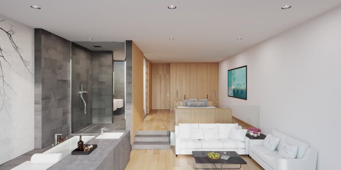 Sophisticated modern apartment interior showcasing minimalist luxury design, featuring open plan living with bathtub and elegant furnishings.